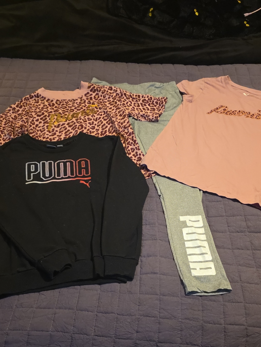 Puma Girls' Pink Leopard, Black Logo Sweatshirt & Gray Legging Set
